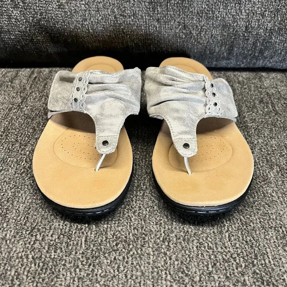 Clarks Sandal Womens 7.5 Metallic Leather Thong Flip Flop Adjustable Strap